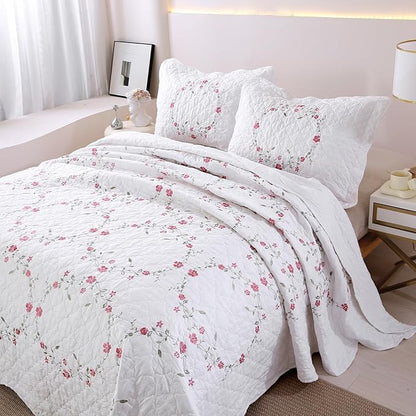 vctops 3-Piece Elegant Floral Embroidered Bedspread Coverlet Set 100% Cotton Reversible Patchwork 1 Quilt and 2 Pillow Shams Full/Queen, White
