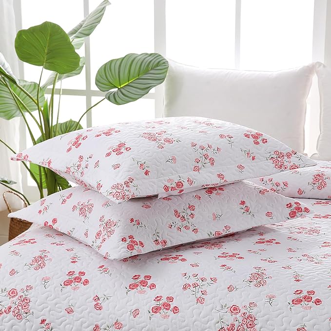 Pink Floral Quilt Set Queen Size - Reversible Shabby Chic Bed Quilts Lightweight Girly Bedding Bedspreads Quilted Coverlets with 2 Pillow Shams for All Seasons (90"×90")