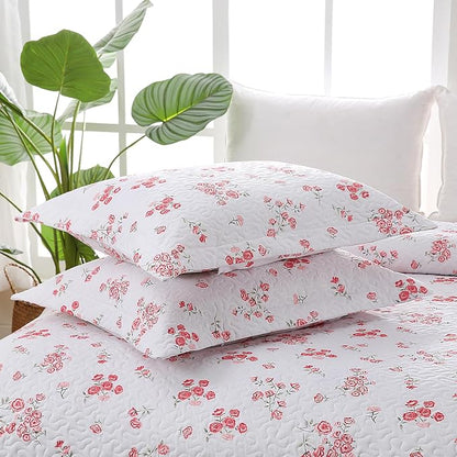 Pink Floral Quilt Set Queen Size - Reversible Shabby Chic Bed Quilts Lightweight Girly Bedding Bedspreads Quilted Coverlets with 2 Pillow Shams for All Seasons (90"×90")