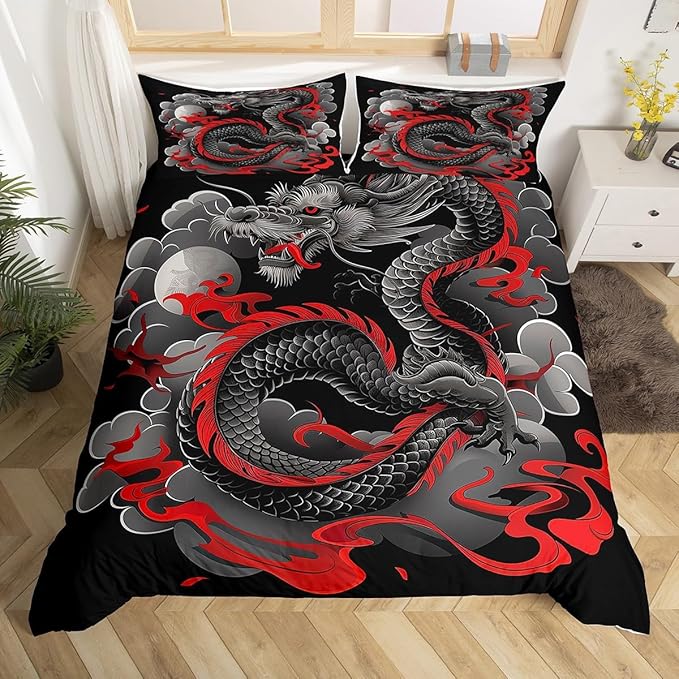 Feelyou Dragon Bedding Set Toddler Size Kids Japanese Ukiyoe Comforter Cover Set Japanese Style 3D Dragon Anime Ancient Wildlife Sun Duvet Cover Black Bedspread Cover Quilt Cover,No Comforter