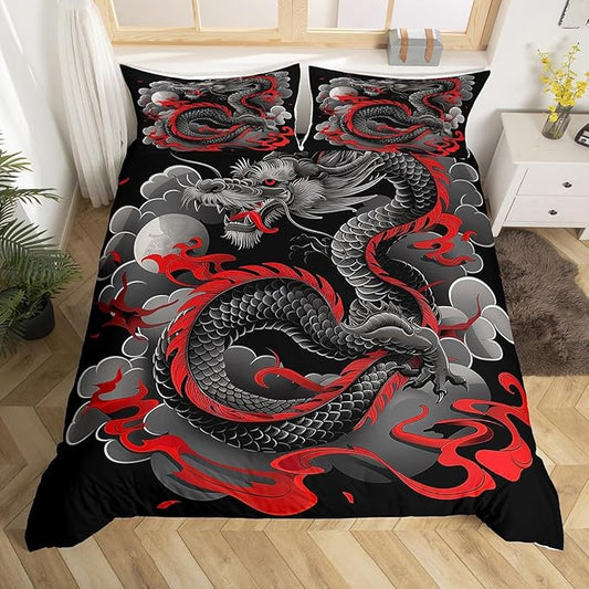 Feelyou Dragon Bedding Set Queen Size Kids Japanese Ukiyoe Comforter Cover Set Japanese Style 3D Dragon Anime Ancient Wildlife Sun Duvet Cover Black Bedspread Cover Room Decor Quilt Cover,No Comforter