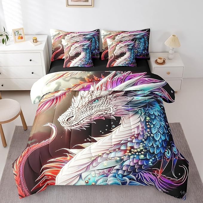 Erosebridal Colourful Dragon 7 Piece Comforter Set Full Bed in a Bag,Gothic Artistic Mythical Animal Bedding Sets Antique Wildlife Sheet Set with Comforter