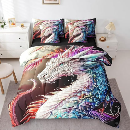 Erosebridal Colourful Dragon Comforter Set 7 Piece Bed in a Bag Twin,Gothic Artistic Mythical Animal Bedding Sets Antique Wildlife Sheet Set with Comforter
