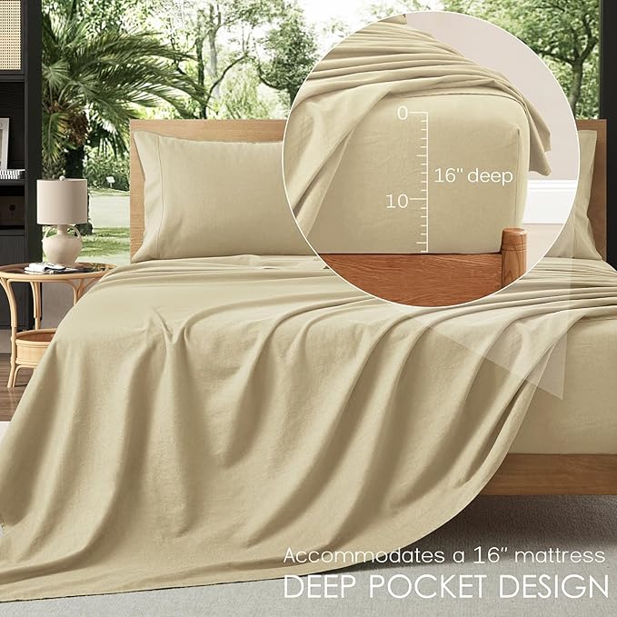 4Pcs Organic Linen Sheets King Size, 100% French Linen from Normandy, Breathable Linen Yellow King Sheet Set with 16 Inch Deep Pocket, 1 Flat Sheet, 1 Fitted Sheet, 2 Pillowcases