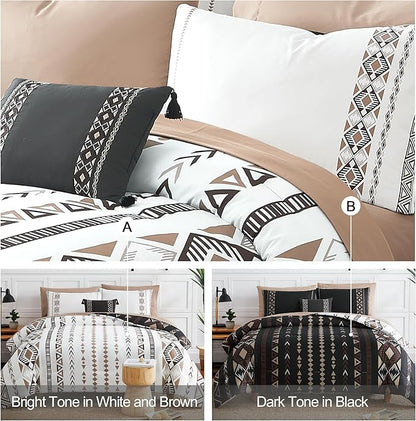 Geniospin Oversized Queen Comforter Set - 7 Pieces Reversible Bedding Set, Boho Bed in A Bag, Lightweight Soft Aztec Bedding, All Season Bed Comforter Set with Sheets, Pillowcases & Shams