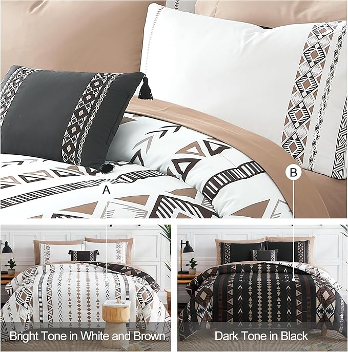 Geniospin King Size Comforter Set- 7 Pieces Boho Bed in a Bag, Western Bedding Set for All Seasons, Reversible Aztec Bedding, Lightweight Comforter Bed Set with Sheets, Pillowcases & Shams