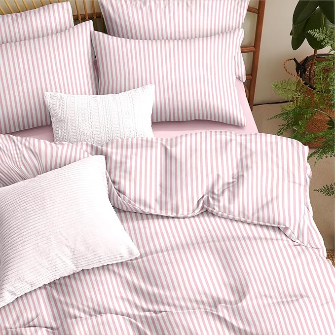 Nayoroom Pink Striped Duvet Cover Queen Size White Stripe Duvet Cover Dorm Bedding Set 3 Pieces Soft Lightweight Washed Microfiber Farmhouse Bedding Set Gifts for Women Men