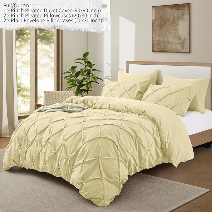 VACVELT 5 Piece Pinch Pleated Duvet Cover Full/Queen Size Set, Beige Pintuck Duvet Cover with Zipper & 8 Ties, Shabby Chic Microfiber + 2 Pillow Shams + 2 Pillowcases, No Comforter