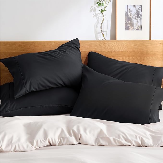 Bedsure Queen Pillow Cases Set of 4 - Black Brushed Microfiber Pillowcases 4 Pack, Super Soft Pillowcase, Pillow Case Covers with Envelope Closure for Kids, Wrinkle, Fade Resistant, 20x30 Inches