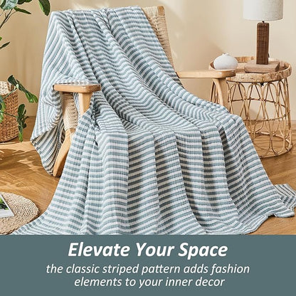 EMME Cotton Muslin King Blanket Bed Layering Bedspread Coverlet Breathable Gauze Soft Lightweight (Striped Teal, 108"x90")
