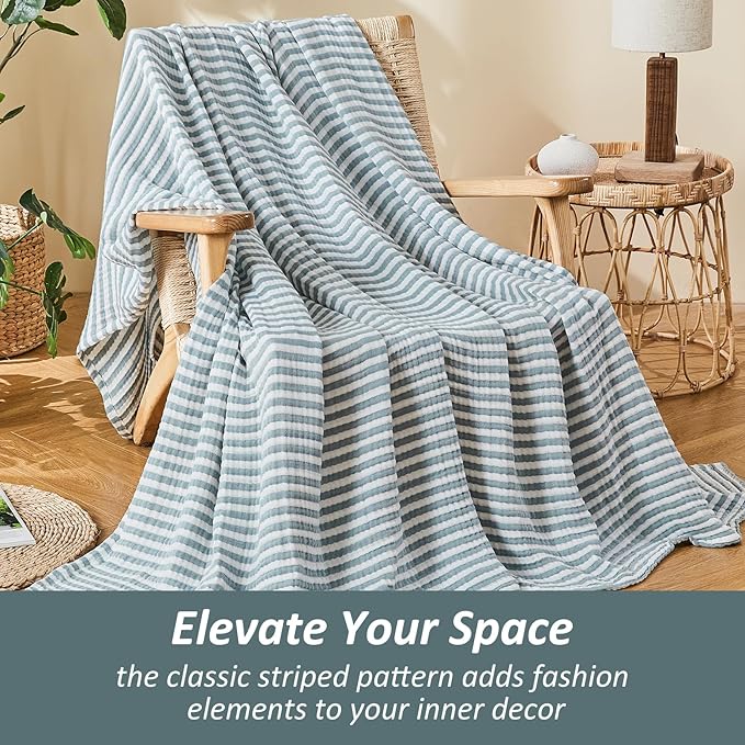 EMME Cotton Muslin Queen Blanket Bed Layering Bedspread Coverlet Breathable Gauze Soft Lightweight Adults (Striped Teal, 90"x90")