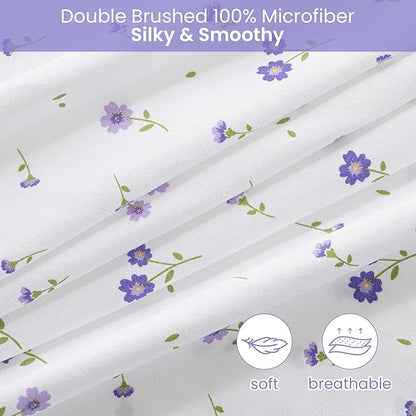 Softan Floral Queen Sheet Set Purple Flower Bed Sheets Printed Queen Size - 4 Piece Microfiber Patterned Fitted Sheets with 15" Deep Pocket, Spring Flower Sheets and Pillowcase Set