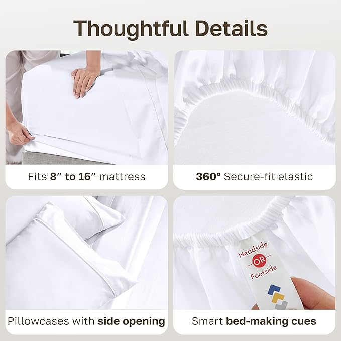 California Design Den Natural 100% Cotton Sheets Queen Size Bed Set - Soft 400 Thread Count Sateen, Queen Sheets, Deep Pockets with All Around Elastic for a Snug Fit, Durable Bedding - White