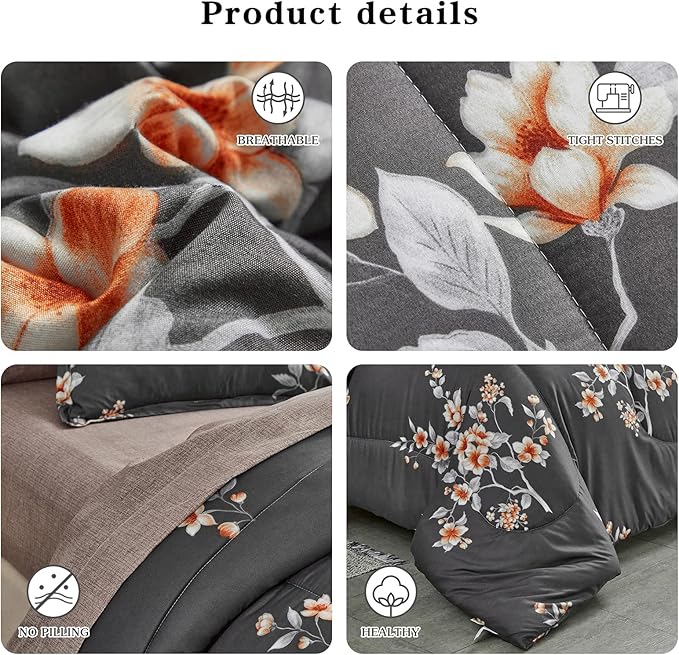 7 Pieces Bed in a Bag Queen Comforter Set with Sheets, Dark Grey Floral Design, Soft Microfiber Bedding Sets for All Season (1 Comforter, 2 Pillow Shams, 1 Flat Sheet, 1 Fitted Sheet, 2 Pillowcases)