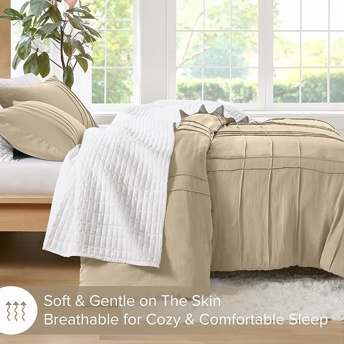 Comfort Spaces Khaki Queen Size Comforter Set - 3 Pieces Pintuck Pleated Bedding Sets, All Season Lightweight, Extra Softness Pre-Washed Microfiber Queen Bed Set, Shams, Queen