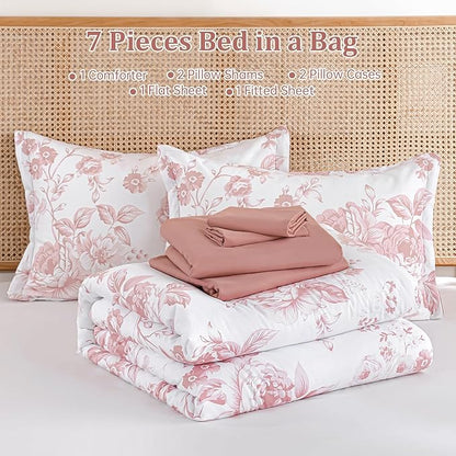 Luxudecor Floral King Comforter Set 7 Pieces Bed in a Bag, Pink Rose Romantic Flower Bed Set, Soft Reversible Comforter with Sheet Set 104"x90"