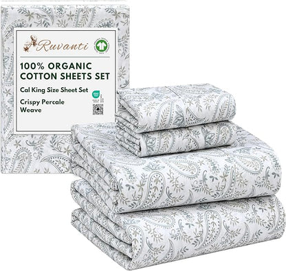 RUVANTI 100% Organic Cotton Sheets California King, Percale Weave, GOTS Certified, 4-Piece Set, Deep Pocket 13", Crisp & Breathable, Soft Durable Bedding, Sábanas Algodón Orgánico – Ornate Oasis