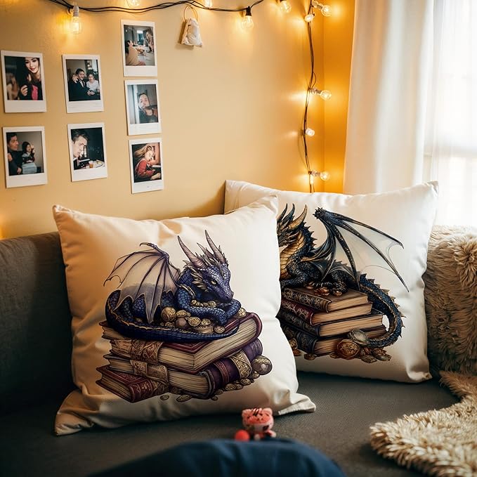 Vintage Magical Blue Dragon Reading Book Decorative Throw Pillow Covers 18x18 Set of 2, Fantasy Room Decor for Kids, Gamers, and Bookworms,Reading Nook Decor, Gifts for Bookworm Readers