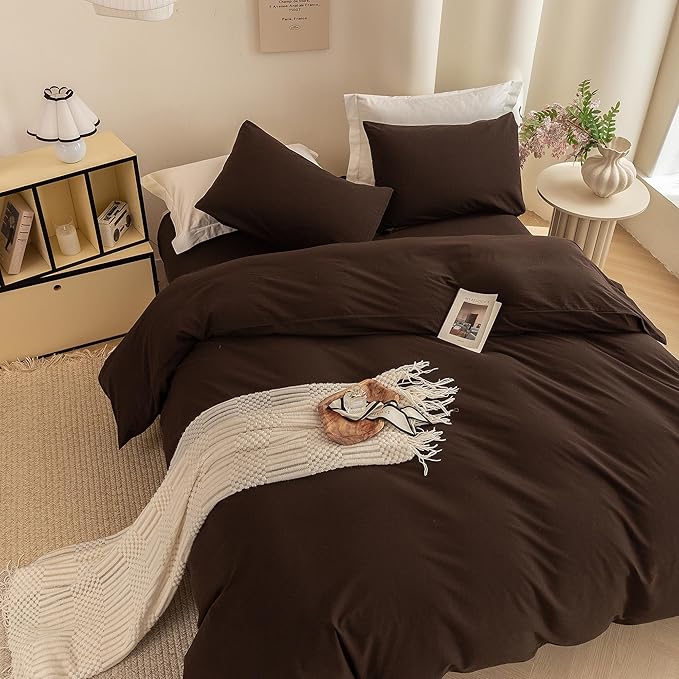 ECOCOTT Duvet Cover King Size -100% Washed Cotton Linen Like Textured Breathable Durable Soft Comfy Bedding Set with Zipper Closure & Corner Ties (Cocoa Brown, 104"x90")