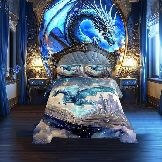 3D Dragon Bedding Set King Size Funny Fantasy Book Pattern Comforter Set for Kids Teens Room Decor Mid-Century Castle Duvet Insert Western Wild Animal Down Comforter Set,3Pcs
