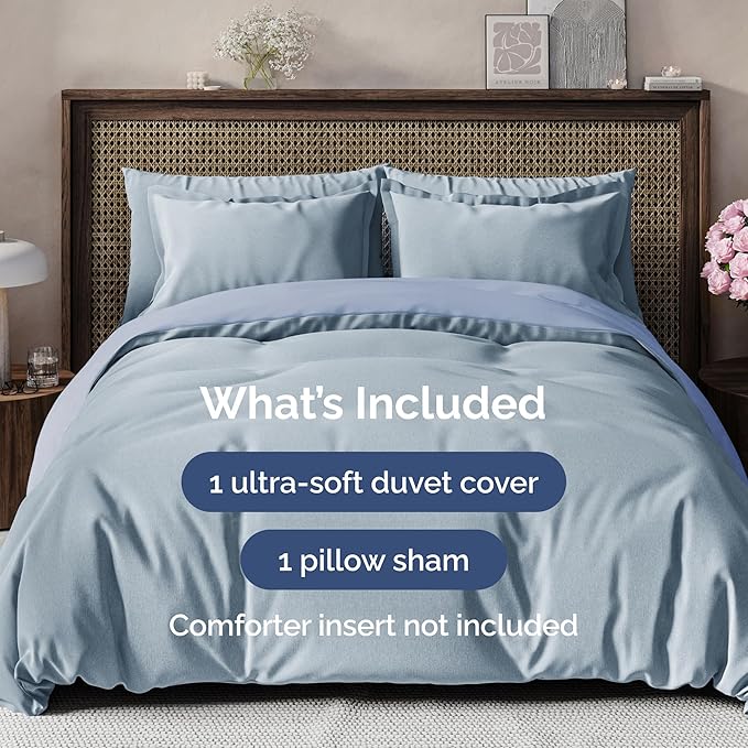 Duvet Cover Twin/Twin XL Size Set - Extra Soft Twin/Twin XL Duvet Cover 68" x 90" with 1 Pillow Sham - Hotel Luxury, Easy Care, Fade Free w/ Zipper Closures & Ties - Cozy & Breathable (Heathered Blue)