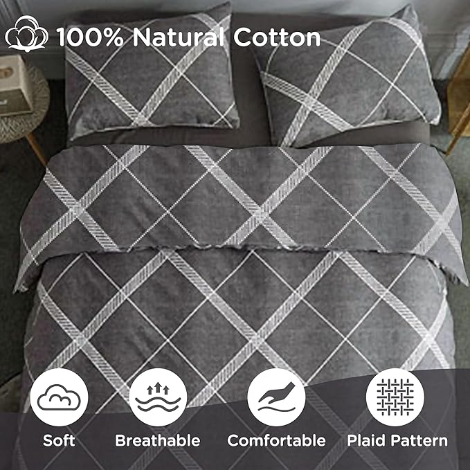 TOCOMOA Plaid Duvet Cover Set 100% Natural Cotton Soft Comfy Breathable 3 Piece Grey and White Striped Pattern Printed Comforter Cover Bedding Set (Queen 90"x90", Comforter Not Included)