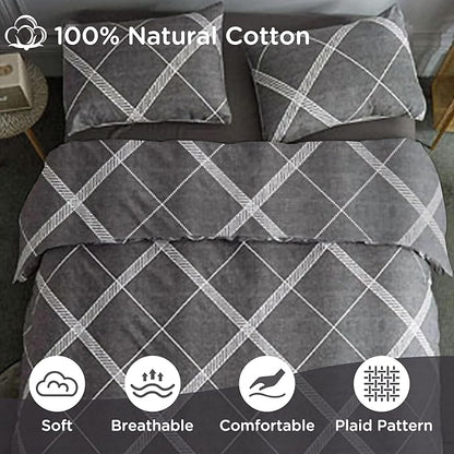 TOCOMOA Plaid Duvet Cover Set 100% Natural Cotton Soft Comfy Breathable 3 Piece Grey and White Striped Pattern Printed Comforter Cover Bedding Set (Queen 90"x90", Comforter Not Included)