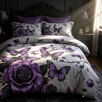 Vintage Floral Comforter Set Queen Size, Grey Purple Floral Bedding Set for Gothic Bedroom Decor, 3 Pieces Soft Microfiber Lightweight Comforter Set with 2 Pillowcases, 90"x90"