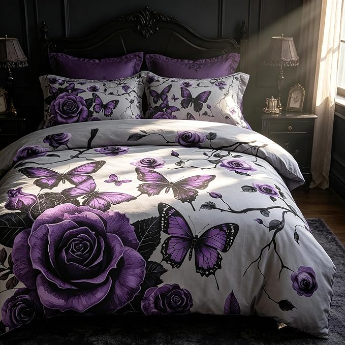 Grey Vintage Comforter Set Twin Size, Purple Floral Bedding Set for Gothic Bedroom Decor, 2 Pieces Soft Microfiber Lightweight Comforter Set with 2 Pillowcases, 68"x86"