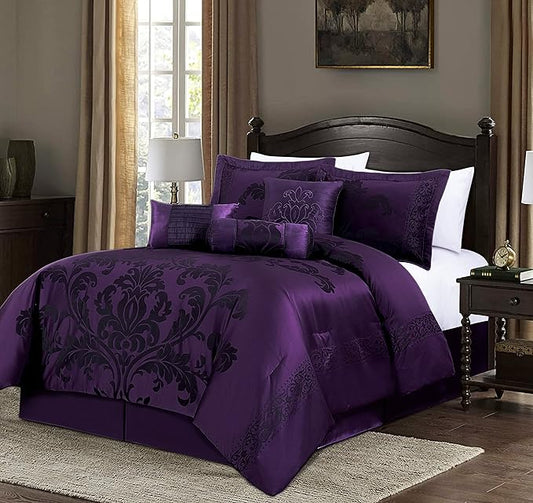 Chezmoi Collection 7-Piece Jacquard Floral Comforter Set (Full, Purple/Dark Purple)