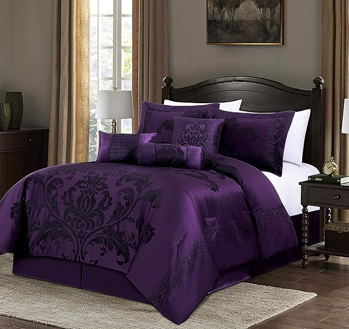 Chezmoi Collection Royale 7-Piece Jacquard Floral Comforter Set, Oversized King, Purple/Dark Purple