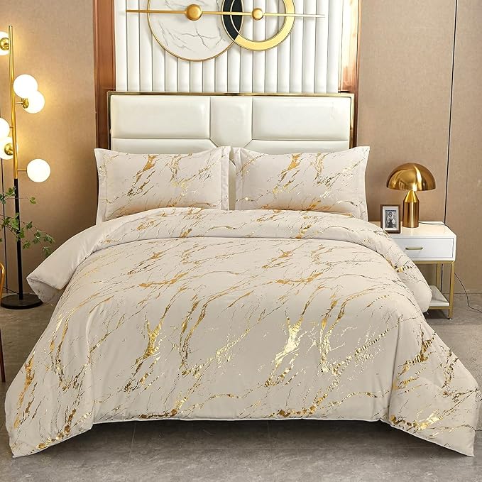 WONGS BEDDING Gold Metallic Marble Khaki Comforter Set Full Foil Print Glitter Bedding Sets with 2 Pillowcases for All Seasons, Soft Microfiber Filling Bedding Duvet Set 78"×90"