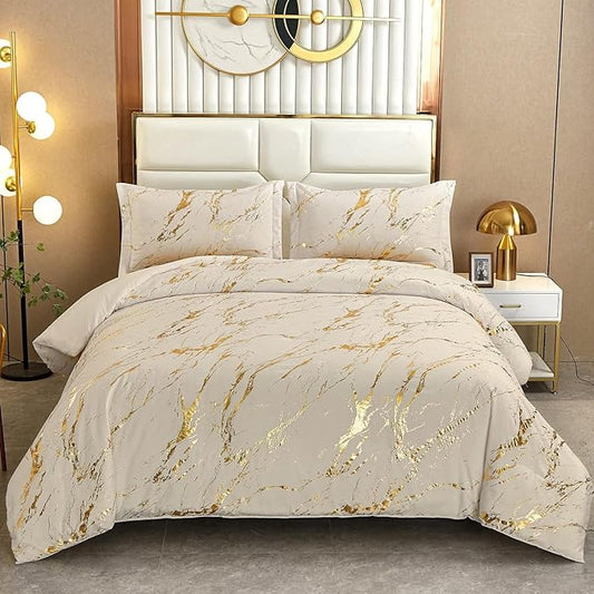 WONGS BEDDING Gold Metallic Marble Khaki Comforter Set Full Foil Print Glitter Bedding Sets with 2 Pillowcases for All Seasons, Soft Microfiber Filling Bedding Duvet Set 78"×90"