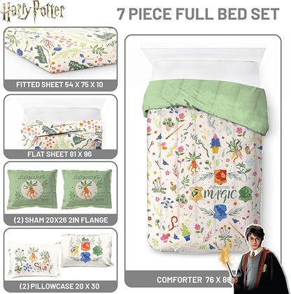 Jay Franco Harry Potter Full Size Comforter Set - 7 Piece Bedding Includes Sheet Set & Pillow Covers - Super Soft Hogwarts Herbology Bedding