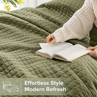 Comfort Spaces King Quilt Set Modern Reversible Plaid Coverlet King Bedding Set Cozy Quilted Winter Layer, All Season Lightweight Soft King Size Quilt, Kienna, Cal King Olive Green 3 Piece