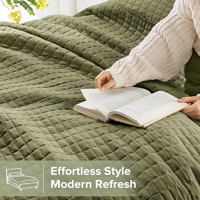 Comfort Spaces Queen Quilt Set Modern Reversible Plaid Coverlet Full Bedding Set Cozy Quilted Winter Layer, All Season Lightweight Soft Queen Size Quilt, Kienna, Full/Queen Olive Green 3 Piece