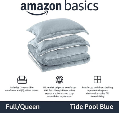 Basics 3-Piece Ultra-Soft Micromink Sherpa Bedding Set, Warm All Season Comforter, Full/Queen, Tide Pool Blue