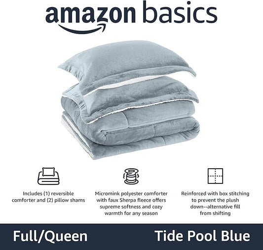 Basics 3-Piece Ultra-Soft Micromink Sherpa Bedding Set, Warm All Season Comforter, Full/Queen, Tide Pool Blue