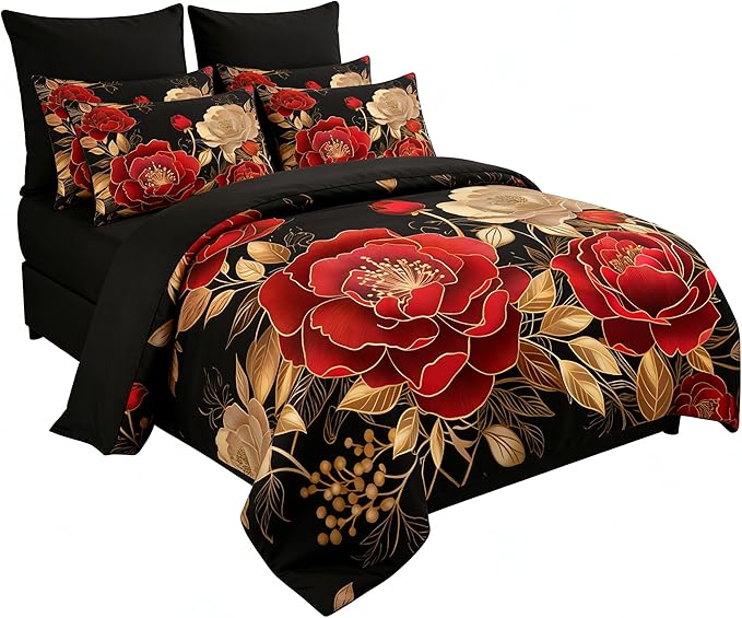 Vintage Floral Full Size Bed in A Bag for Girls, 7Pcs Modern Black Red Bedding Set, Farmhouse Botanical Quilted Comforter with 2 Pillowcases+1 Flat Sheet+1 Fitted Sheet+2 Pillowshams