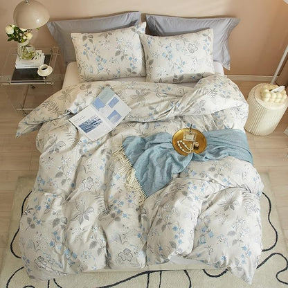 VM VOUGEMARKET Gray Blue Floral Duvet Cover Set King,Vintage Garden Style Botanical Bedding Set,100% Cotton Comforter Cover for Girls And Boys Women