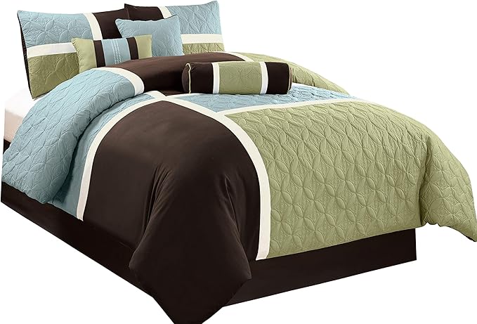 Chezmoi Collection Upland 7-Piece Quilted Patchwork Comforter Set, Coffee Brown/Aqua Blue/Sage Green, Oversized King