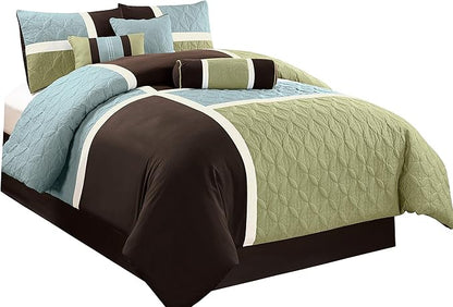 Chezmoi Collection 7-Piece Quilted Patchwork Comforter Set, Coffee Brown/Aqua Blue/Sage Green, Queen