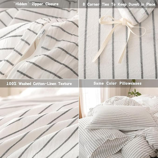 Stripe Duvet Cover Full Size 90inch x 80inch, 100% Washed Cotton Linen Feel Duvet Cover with Zipper Closure and 2 Pillowcases, Color of White-Dark Grey Stripe