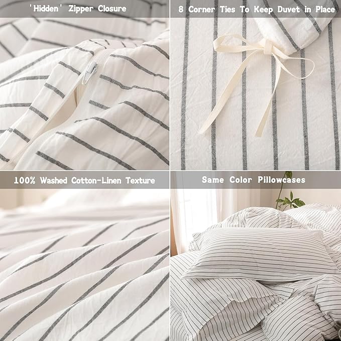 Stripe Duvet Cover Super King Plus Size 120inch x 120inch, 100% Washed Cotton Linen Feel Duvet Cover with Zipper Closure and 2 Pillowcases, Color of White-Dark Grey Stripe
