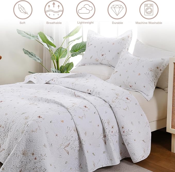 Queen Size Quilt Bedding Set, White Floral Quilt Lightweight Reversible Quilted Bedspreads Coverlets with 2 Pillow Shams for All Seasons (90"×90")