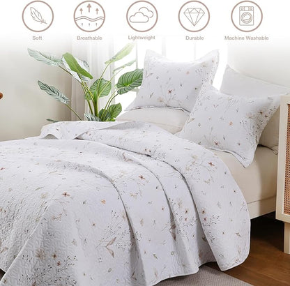 King Size Quilt Bedding Set, White Floral Bed Quilts Lightweight Reversible Farmhouse Bedspreads Quilted Coverlets with 2 Pillow Shams (104"×90")