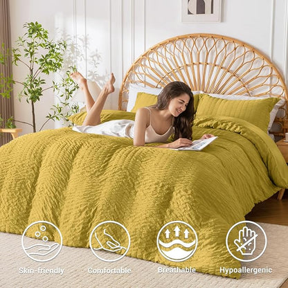 HYMOKEGE Mustard Yellow Duvet Cover Full Size, Ultra Soft 3-Piece Seersucker Duvet Cover Set with Zipper Closure, Soft Brushed Microfiber Bedding Set with 8 Corner Ties (80"x90", 2 Pillowshams)