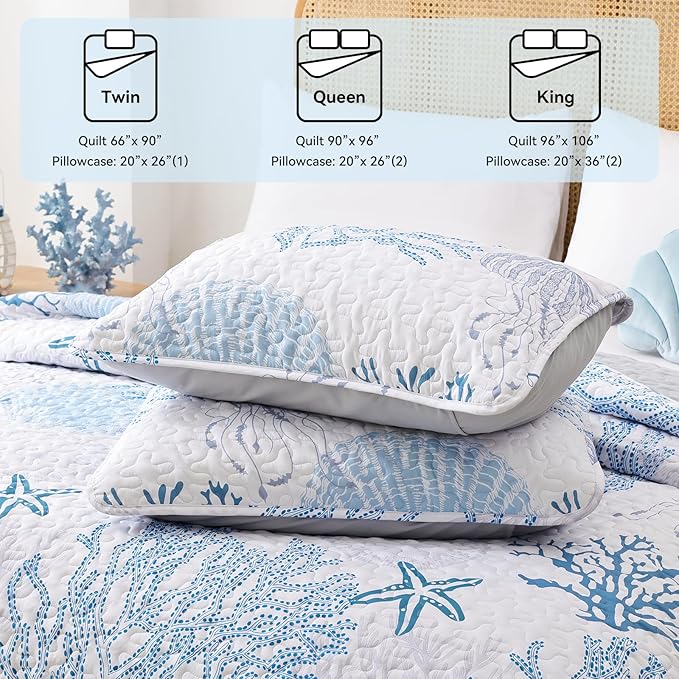 weigelia Coastal Quilts Bedding Set King Size - Blue Summer Nautical Bedding Quilt with Pillow Cases, Beach Reversible Quilt Set Bedspreads Coverlet Soft Lightweight Comforter