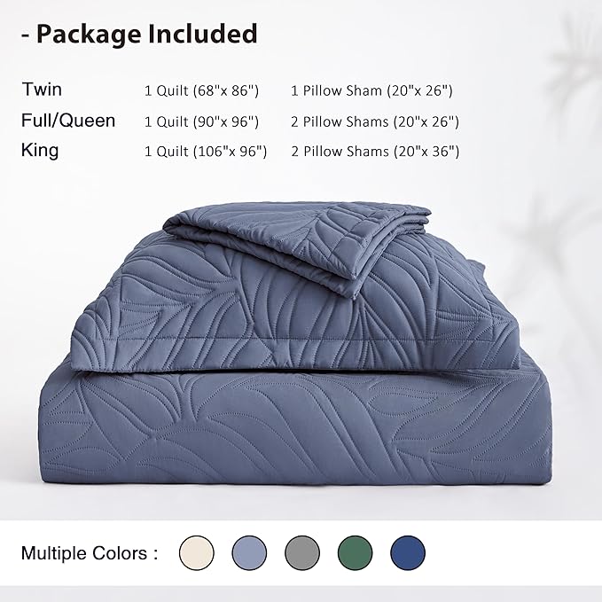 EXQ Home Quilt Set Twin Size Bluish Grey 2 Piece,Lightweight Soft Coverlet Modern Style Leaf Pattern Bedspread Set(1 Quilt,1 Pillow Sham)