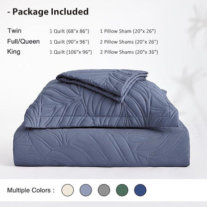 EXQ Home Quilt Set Twin Size Bluish Grey 2 Piece,Lightweight Soft Coverlet Modern Style Leaf Pattern Bedspread Set(1 Quilt,1 Pillow Sham)